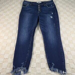 Kancan Jeans Womens Dark Wash Button Fly Distressed Cropped Raw Hem Jeans